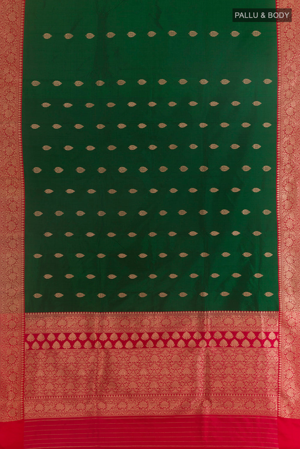 Flat view of Pure Silk Green Banarasi Katan Saree with Zari Butta on the body and Zari Border. 