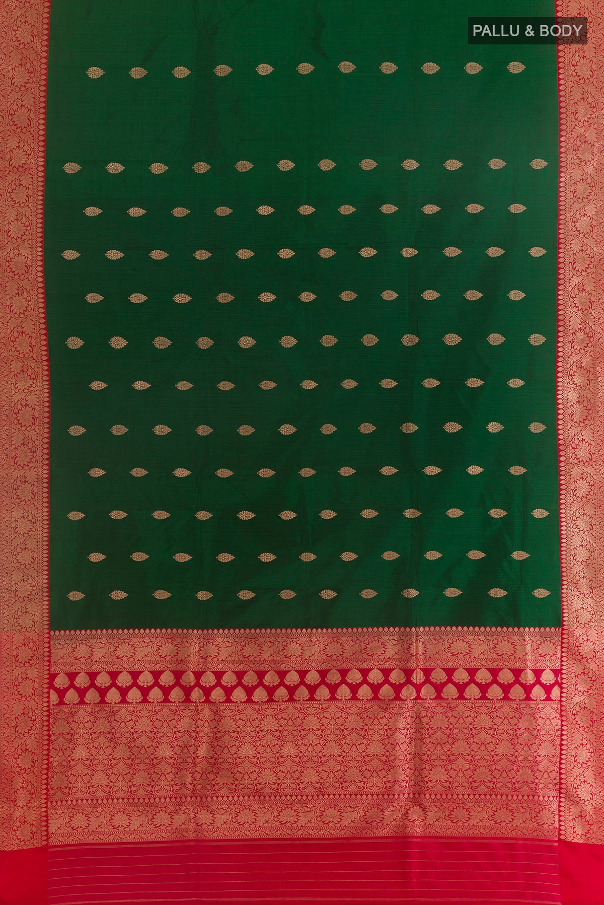Flat view of Pure Silk Green Banarasi Katan Saree with Zari Butta on the body and Zari Border. 