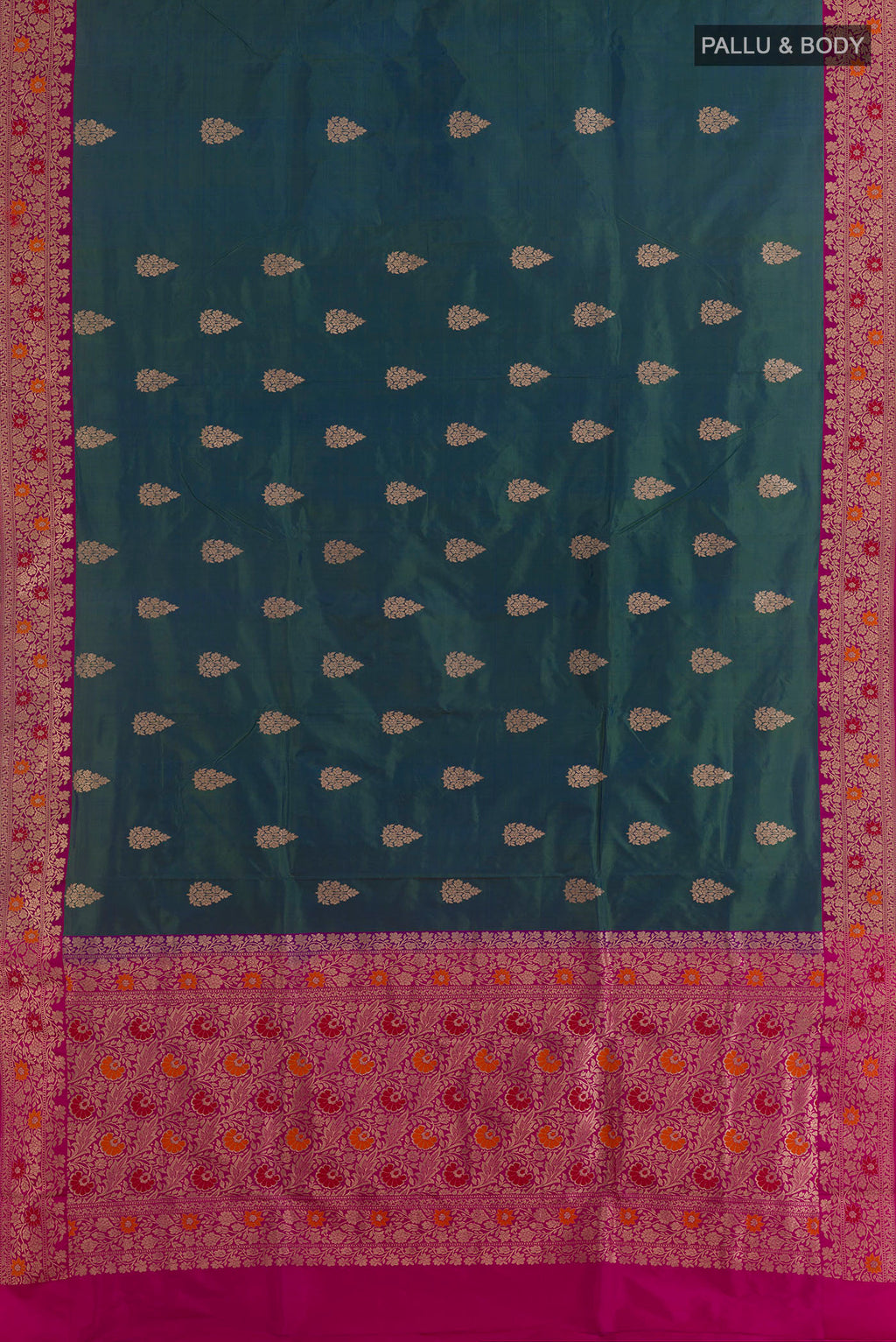 Flat view of Pure Silk Blue with Green Color Banarasi Katan Saree with Zari Butta on the body and Zari Border. 