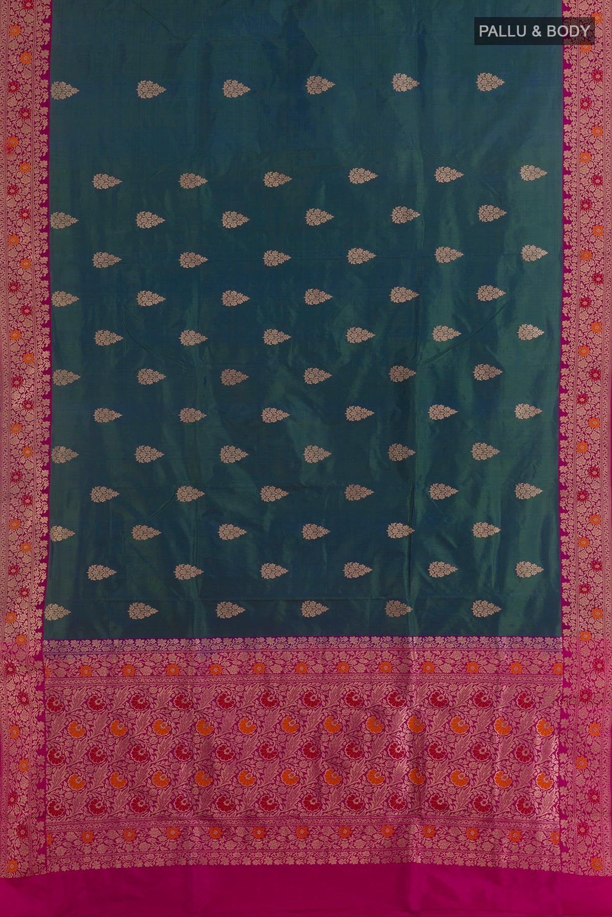Flat view of Pure Silk Blue with Green Color Banarasi Katan Saree with Zari Butta on the body and Zari Border. 