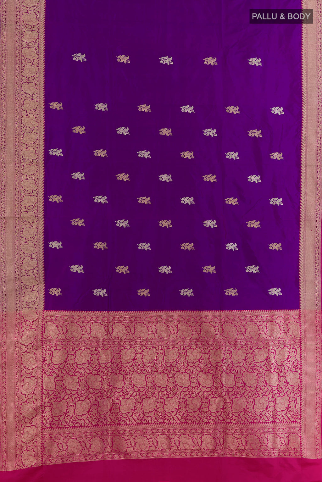Flat view of Pure Silk Purple Banarasi Katan Saree with Zari Butta on the body and Zari Border. 