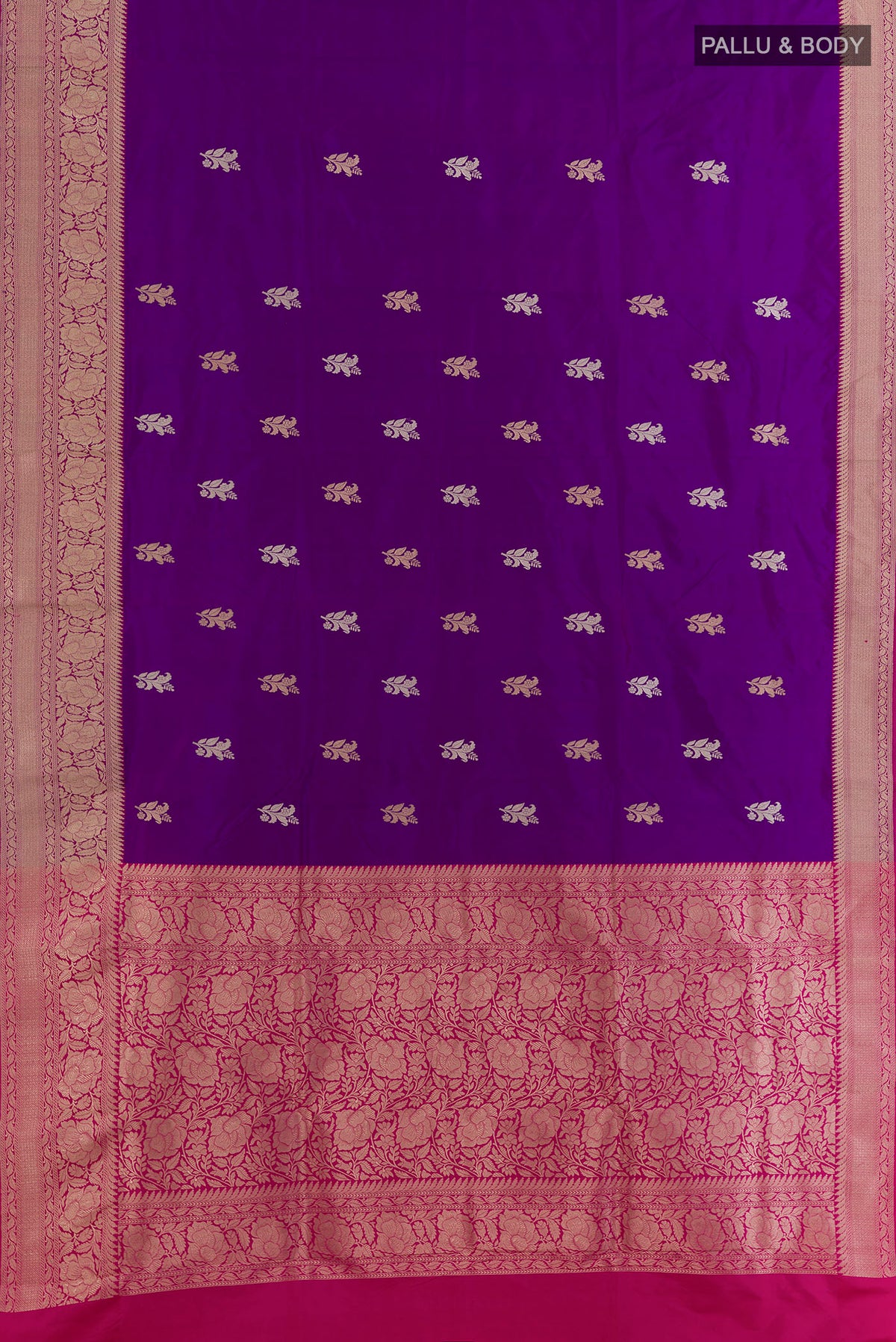 Flat view of Pure Silk Purple Banarasi Katan Saree with Zari Butta on the body and Zari Border. 
