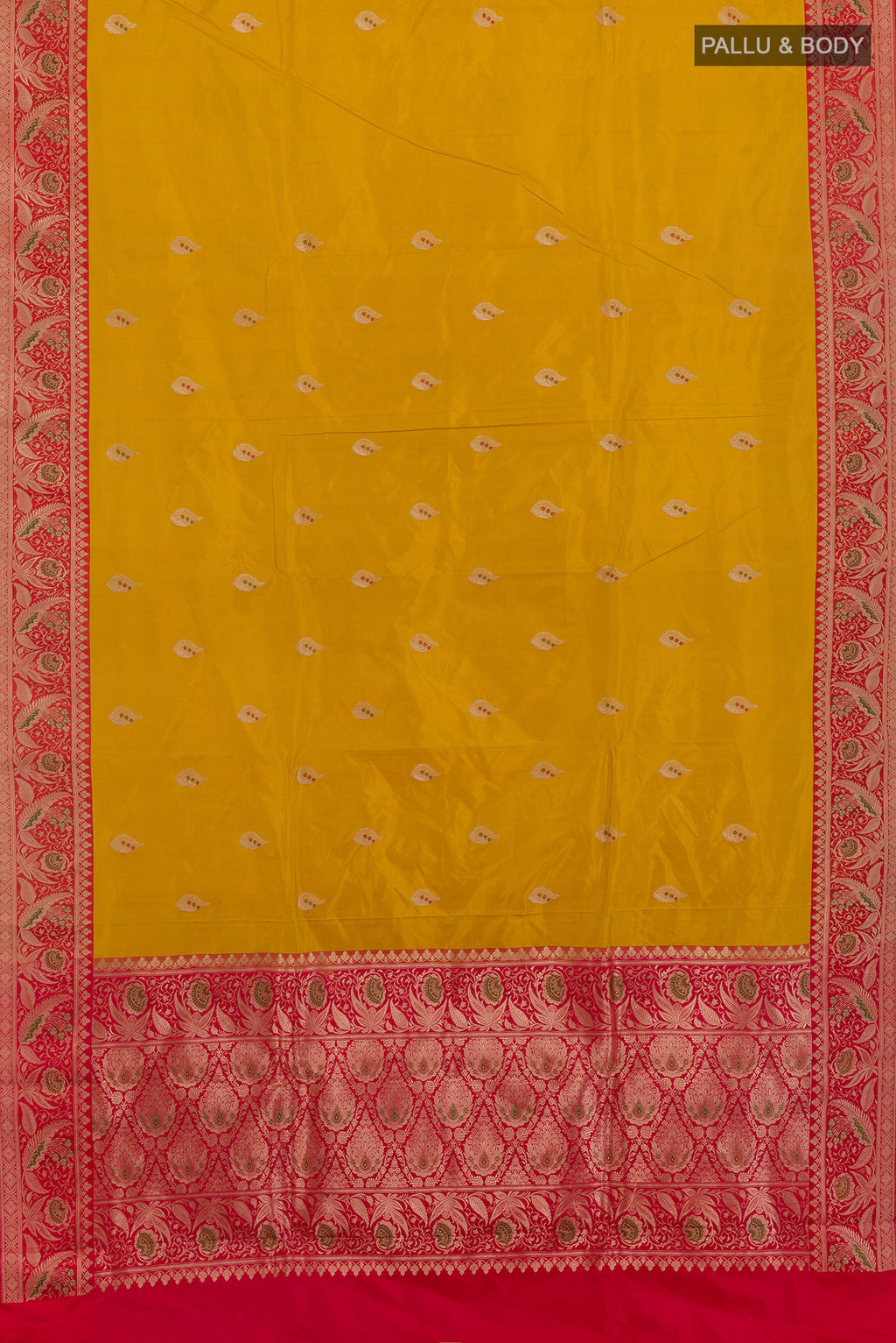 Flat view of Pure Silk Yellow Banarasi Katan Saree with Zari Butta on the body and Zari Border. 