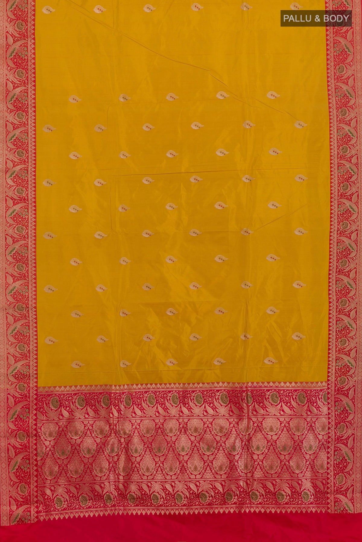 Flat view of Pure Silk Yellow Banarasi Katan Saree with Zari Butta on the body and Zari Border. 