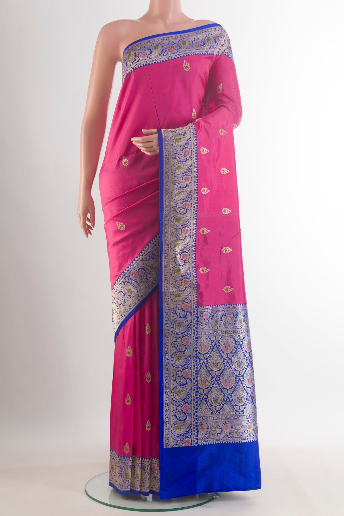 Pure Silk Pink Banarasi Katan Saree with Zari Butta on the body and Zari Border.  displayed on a mannequin