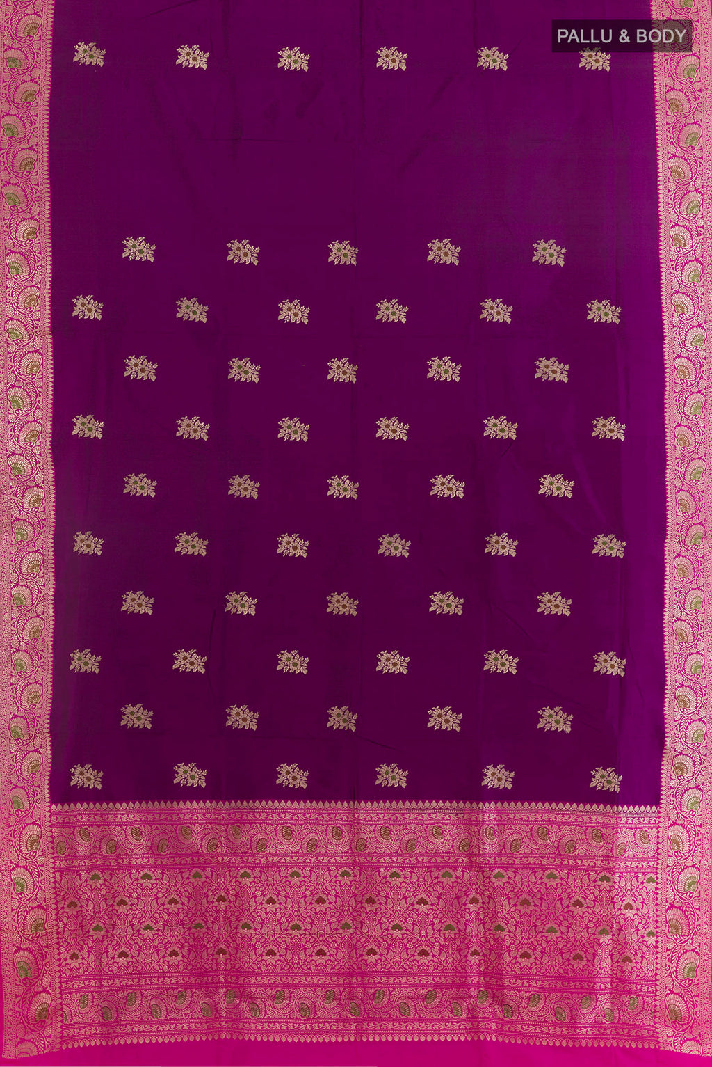 Flat view of Pure Silk Purple Banarasi Katan Saree with Zari Butta on the body and Zari Border. 
