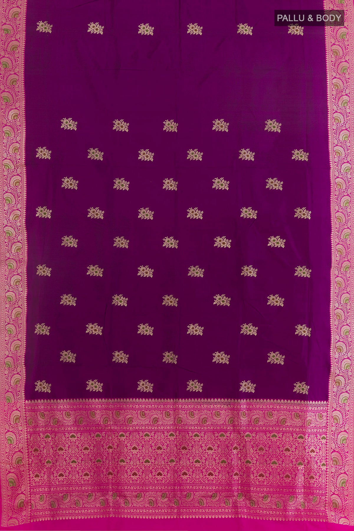Flat view of Pure Silk Purple Banarasi Katan Saree with Zari Butta on the body and Zari Border. 