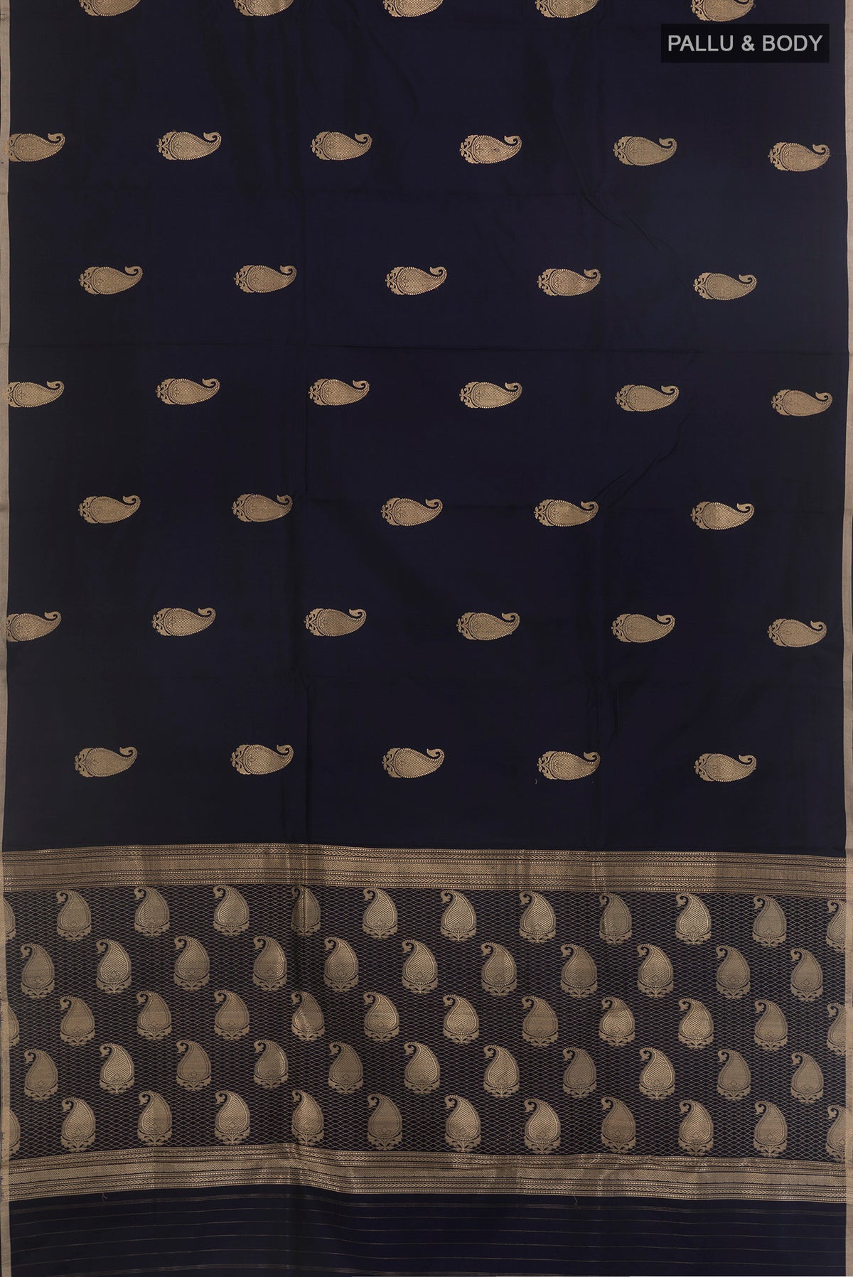 Flat view of Navy Blue Banarasi Saree with Zari Butta on the body and Zari Border. 