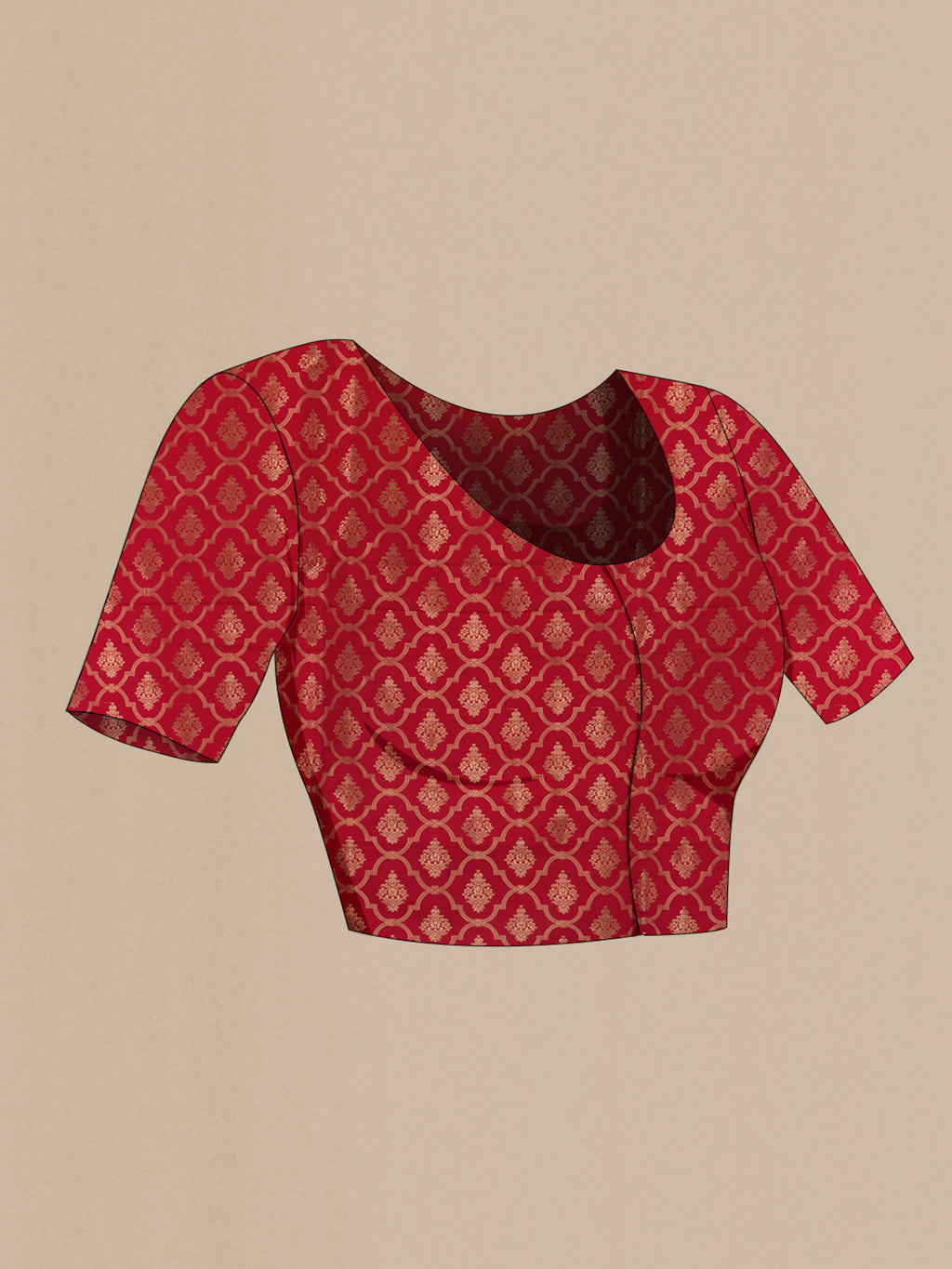 Close up image of the blouse of Red Banarasi Saree with Zari Butta on the body and Zari Border. 