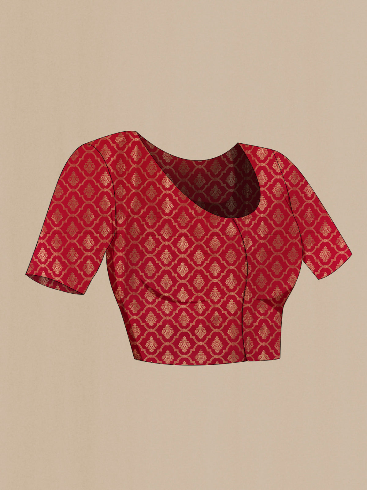Close up image of the blouse of Red Banarasi Saree with Zari Butta on the body and Zari Border. 