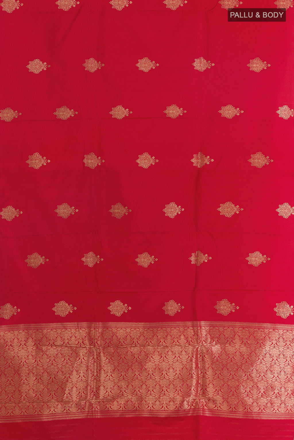 Flat view of Red Banarasi Saree with Zari Butta on the body and Zari Border. 