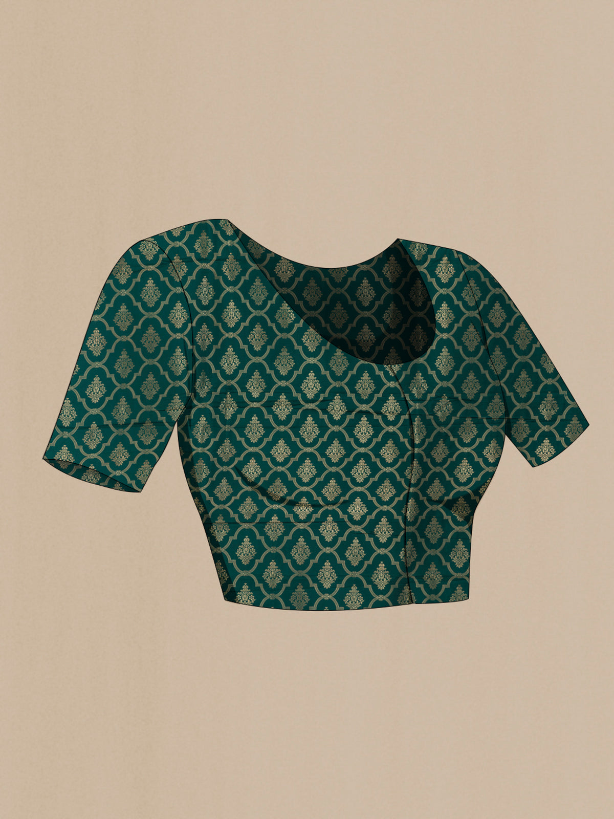 Close up image of the blouse of Green Banarasi Saree with Zari Butta on the body and Zari Border. 