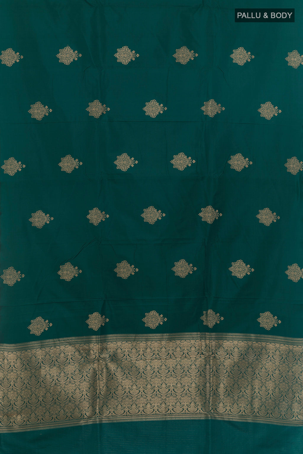 Flat view of Green Banarasi Saree with Zari Butta on the body and Zari Border. 