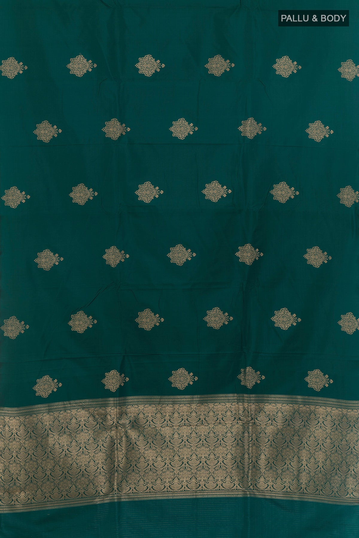Flat view of Green Banarasi Saree with Zari Butta on the body and Zari Border. 