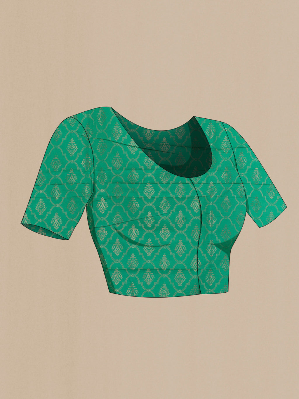 Close up image of the blouse of Green Banarasi Saree with Zari Butta on the body and Zari Border. 