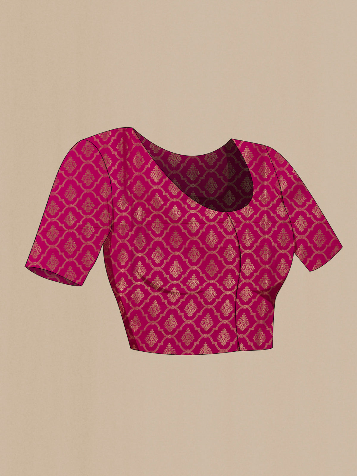 Close up image of the blouse of Pink Banarasi Saree with Zari Butta on the body and Zari Border. 