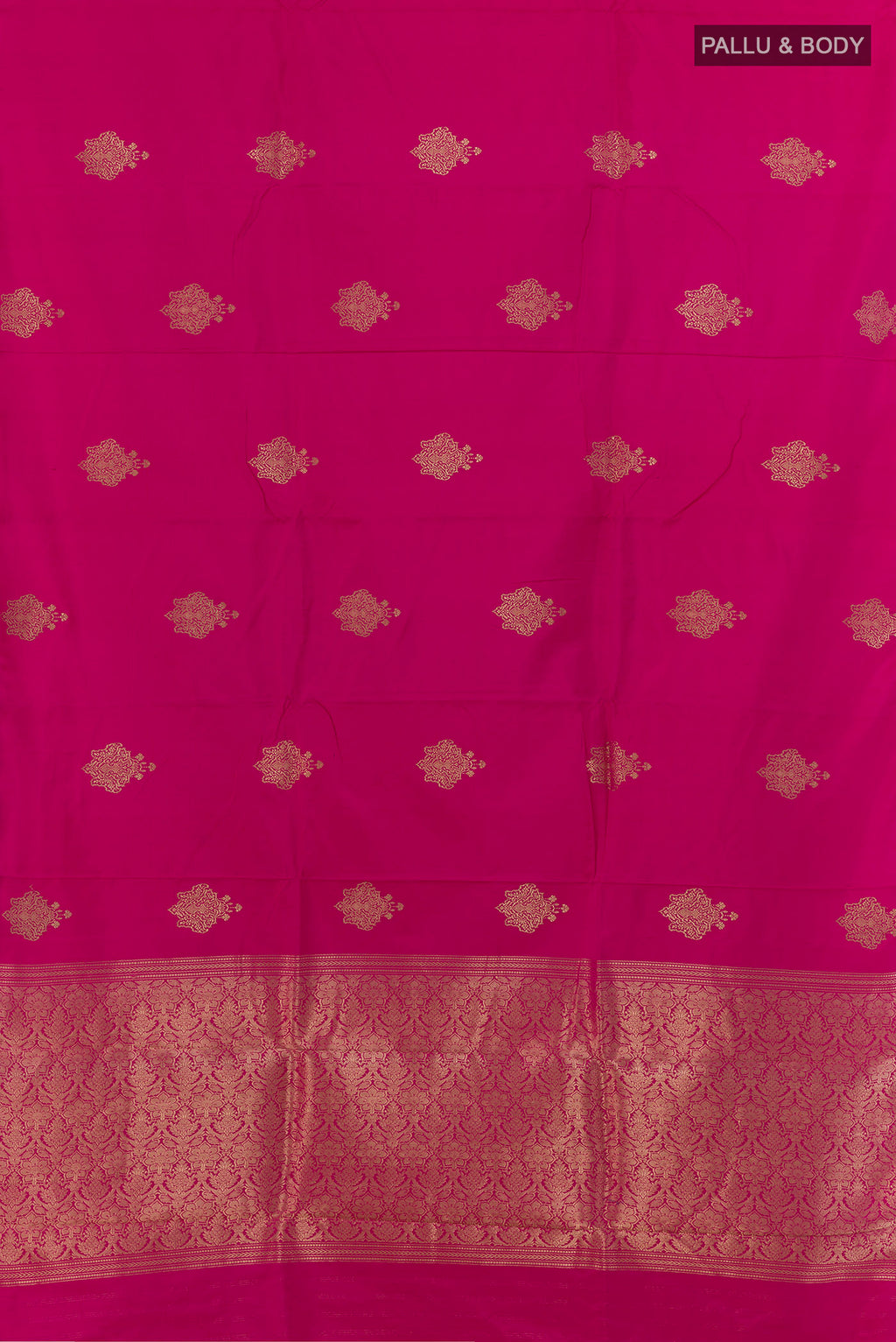 Flat view of Pink Banarasi Saree with Zari Butta on the body and Zari Border. 