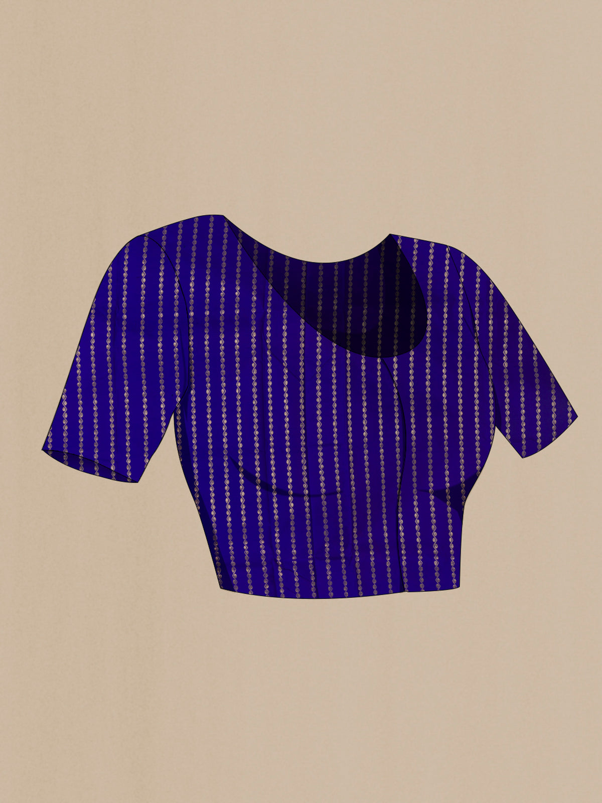 Close up image of the blouse of Royal Blue Banarasi Saree with Zari Butta on the body and Zari Border. 