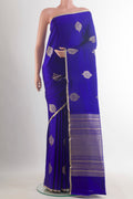 Royal Blue Banarasi Saree with Zari Butta on the body and Zari Border.  displayed on a mannequin