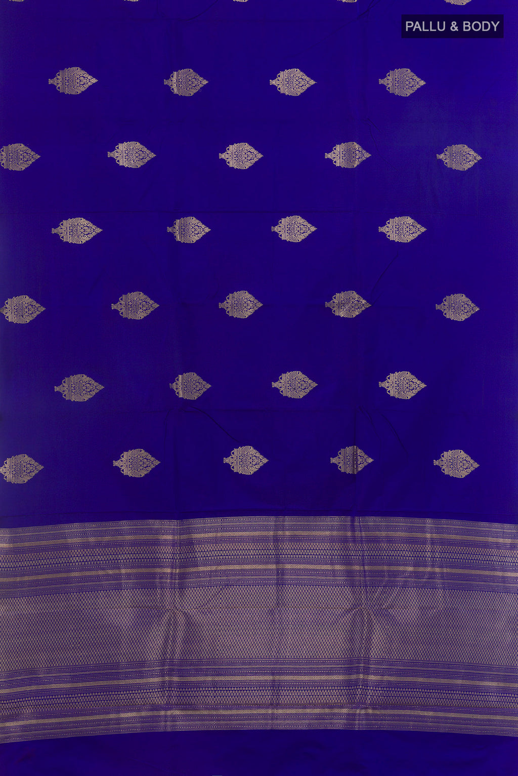 Flat view of Royal Blue Banarasi Saree with Zari Butta on the body and Zari Border. 