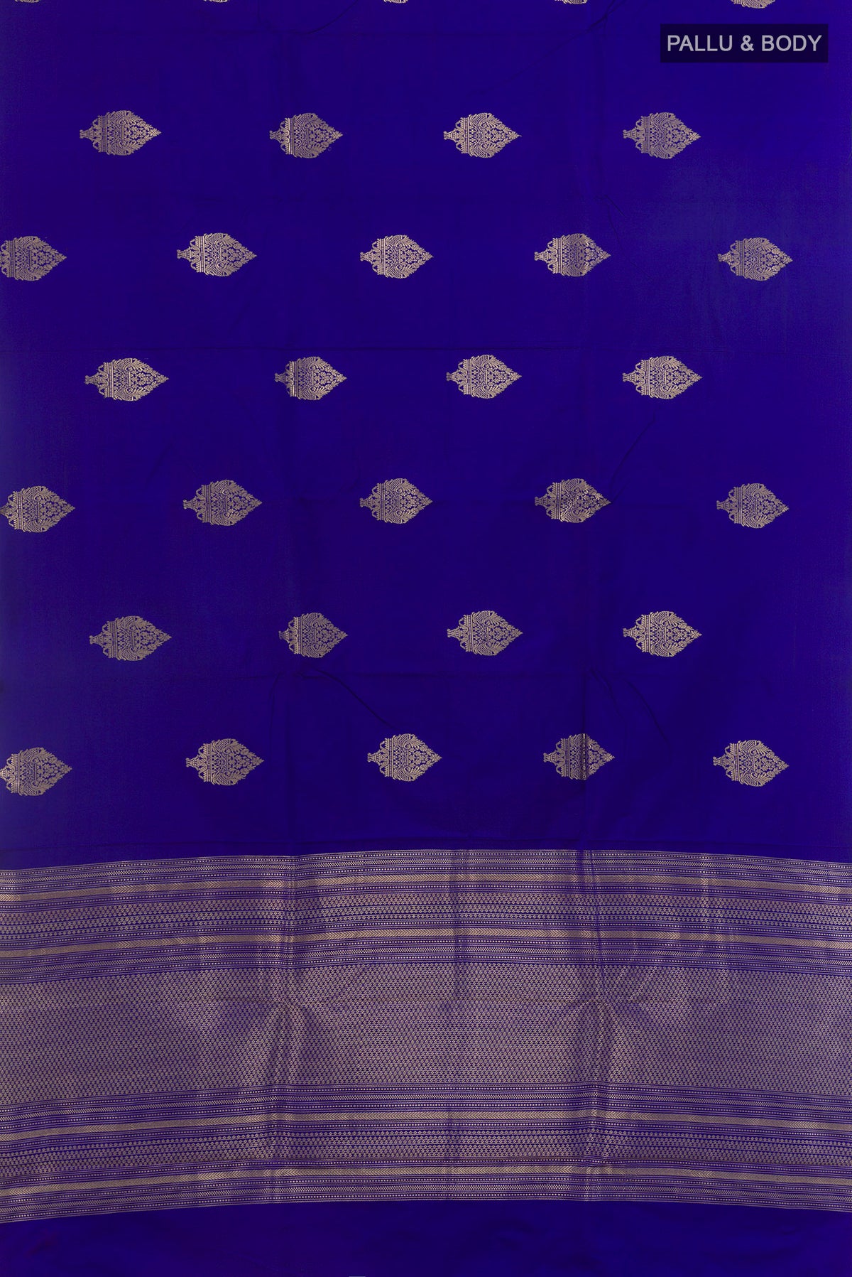 Flat view of Royal Blue Banarasi Saree with Zari Butta on the body and Zari Border. 