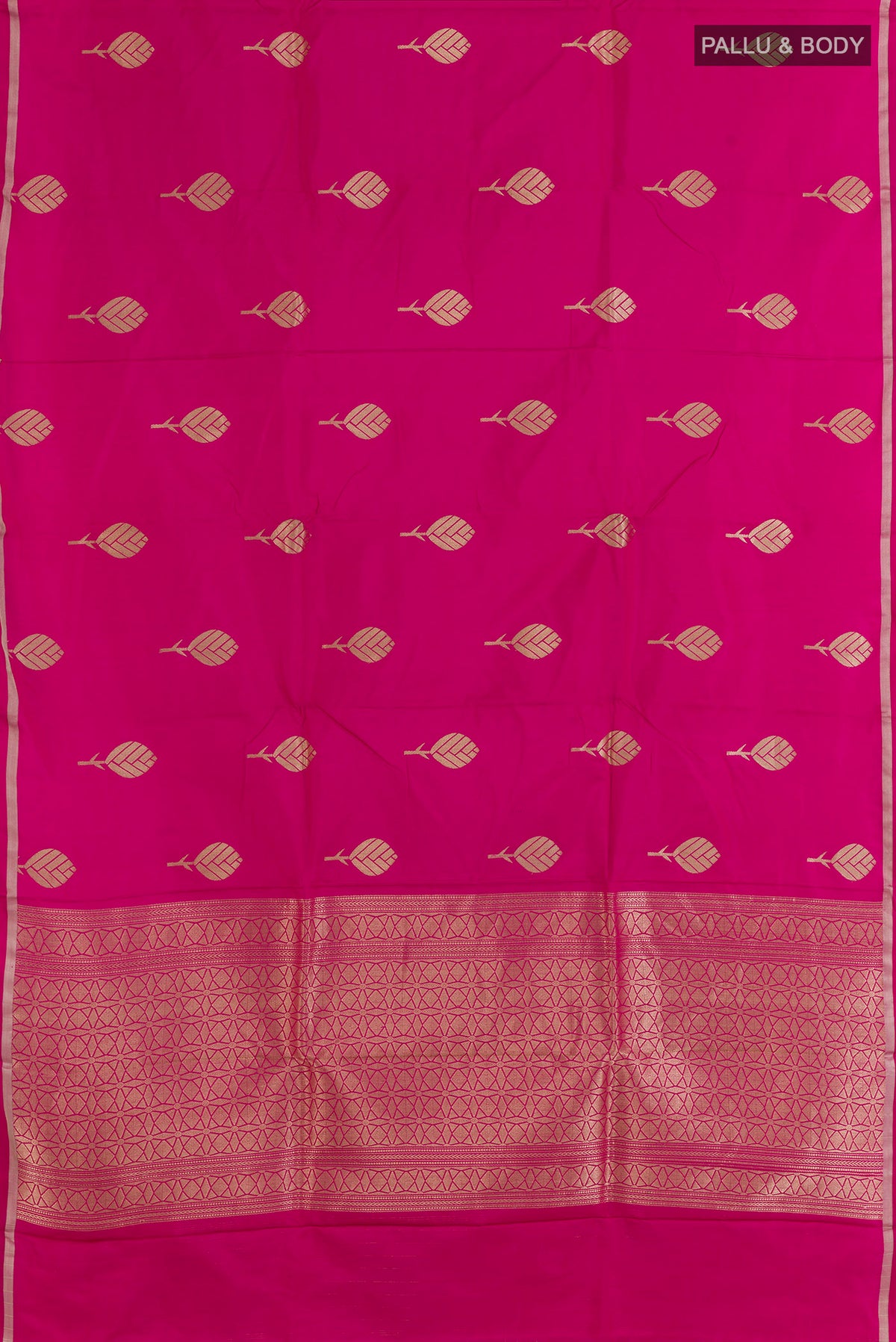 Flat view of Pink Banarasi Saree with Zari Butta on the body and Zari Border. 