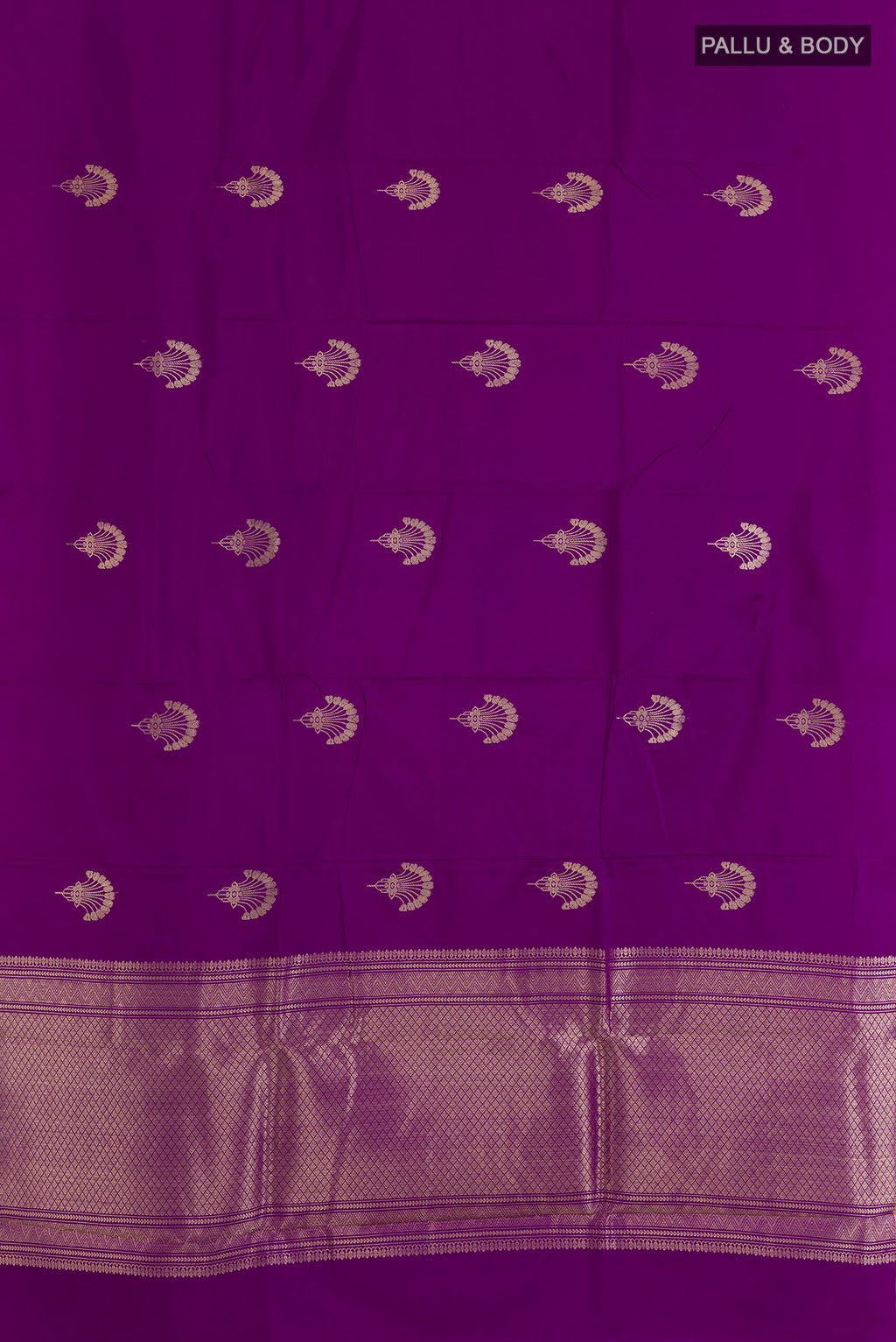 Flat view of Purple Banarasi Saree with Zari Butta on the body and Zari Border. 