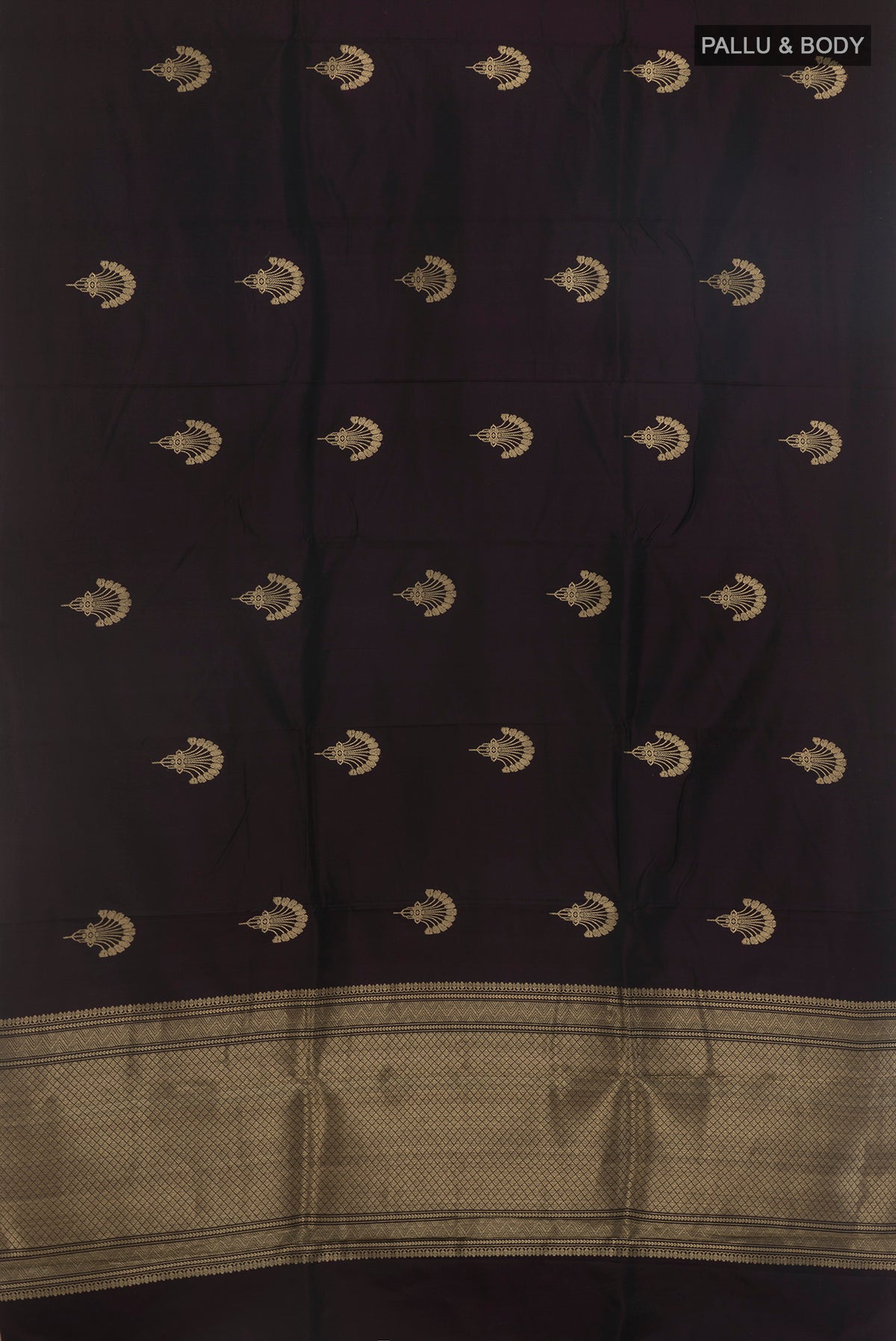 Flat view of Black Banarasi Saree with Zari Butta on the body and Zari Border. 