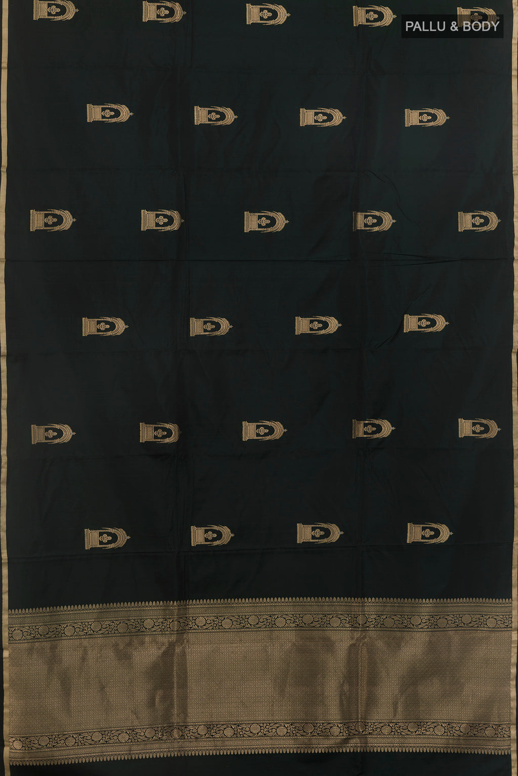 Flat view of Bottle Green Banarasi Saree with Zari Butta on the body and Zari Border. 