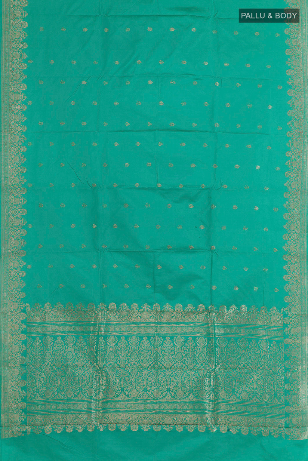 Flat view of Pure Silk Turquoise Banarasi Katan Saree with Zari Butta on the body and Zari Border. 