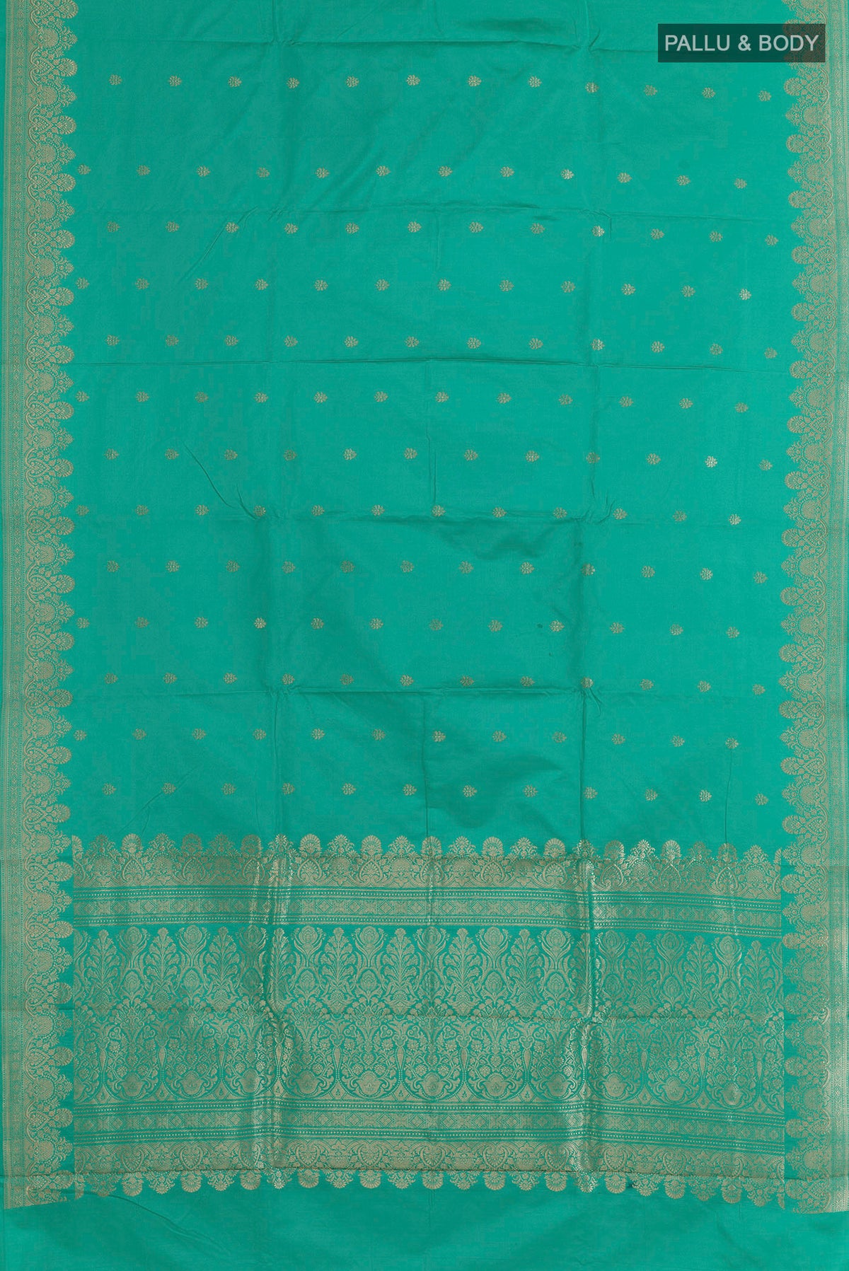 Flat view of Pure Silk Turquoise Banarasi Katan Saree with Zari Butta on the body and Zari Border. 