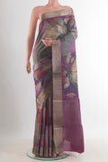 Purple Tussar Saree with Printed design on the body and Zari Border.  displayed on a mannequin