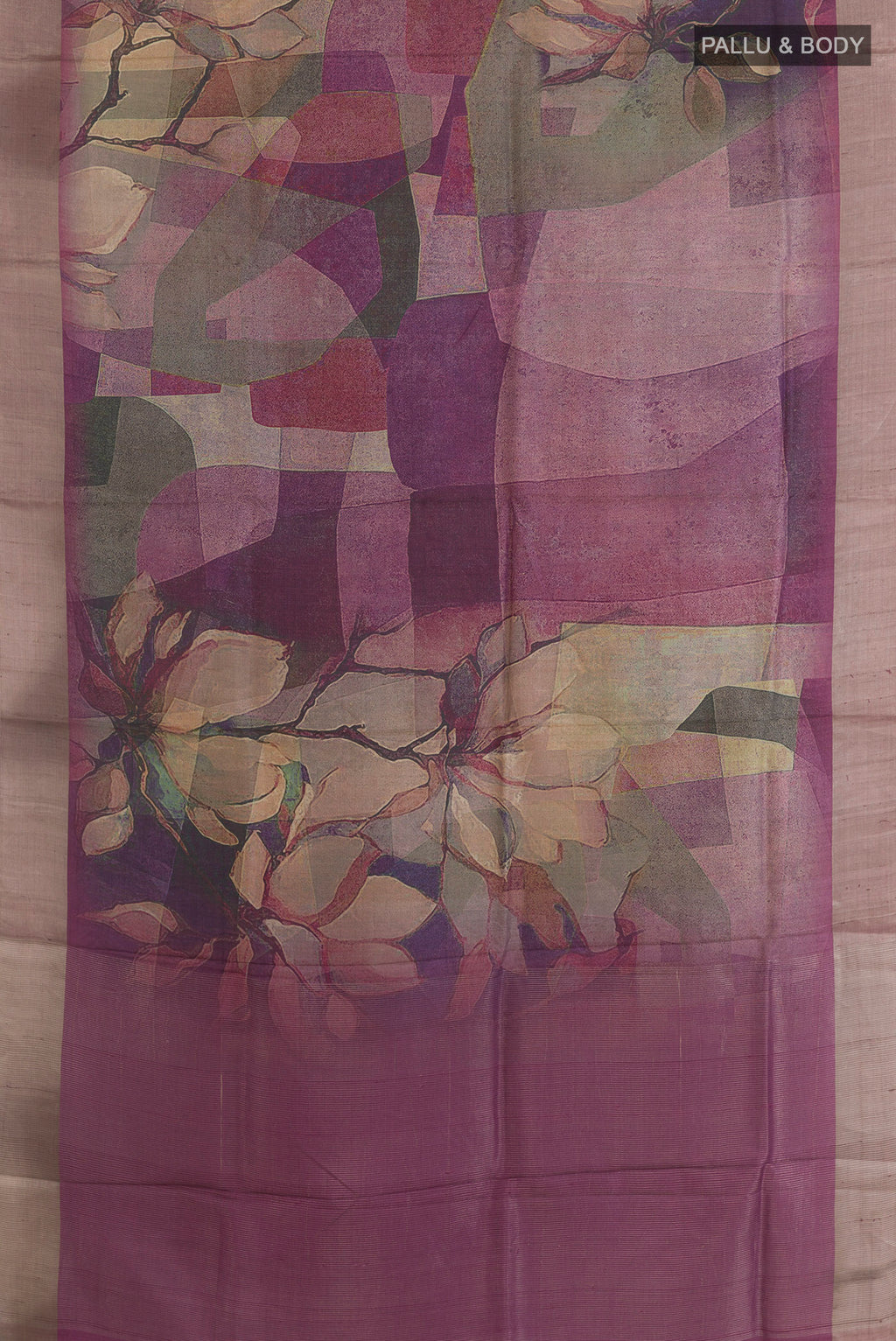 Flat view of Purple Tussar Saree with Printed design on the body and Zari Border. 