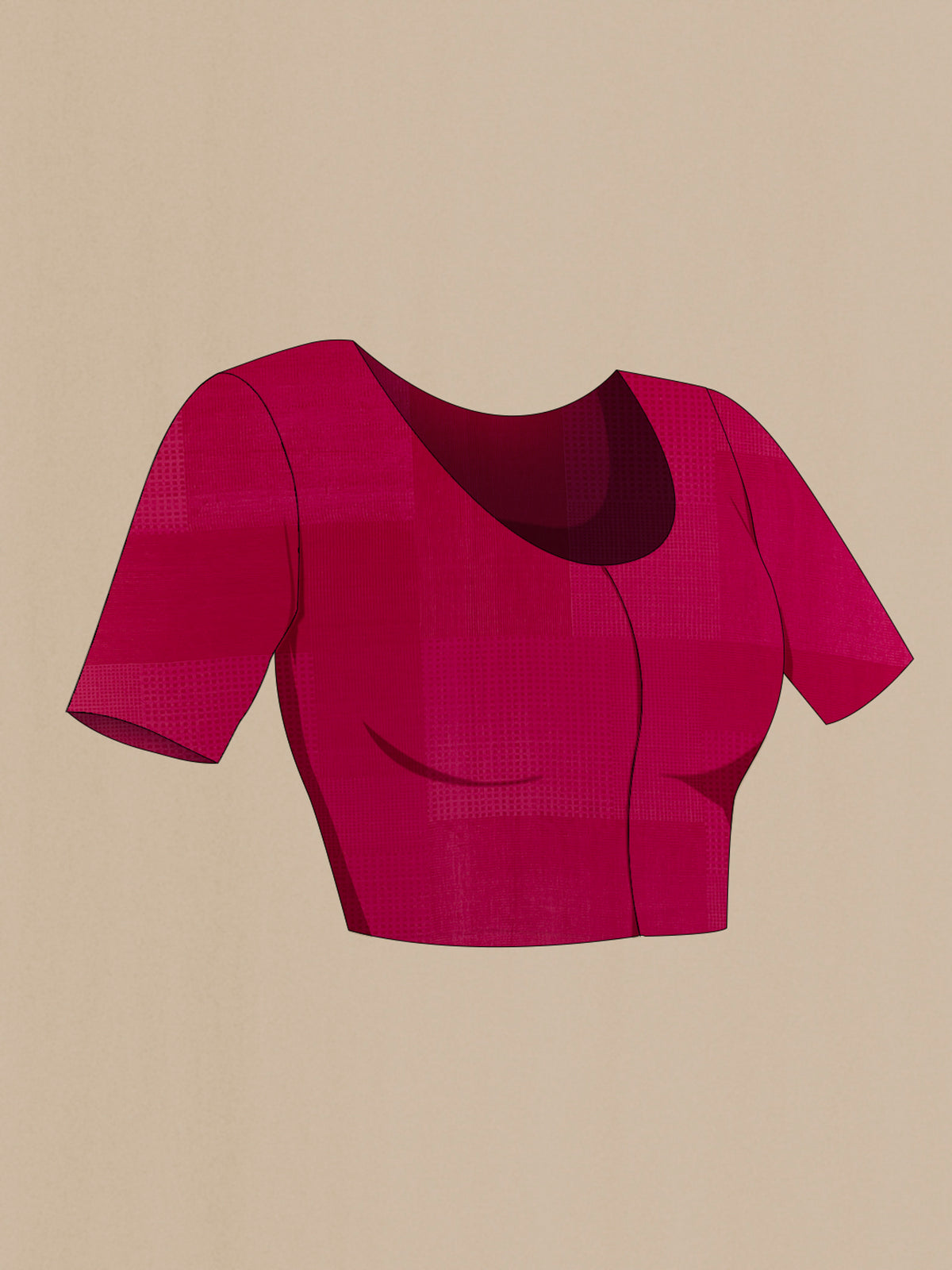 Close up image of the blouse of Pink Mysore Crepe Saree with Printed design on the body and Plain Border. 