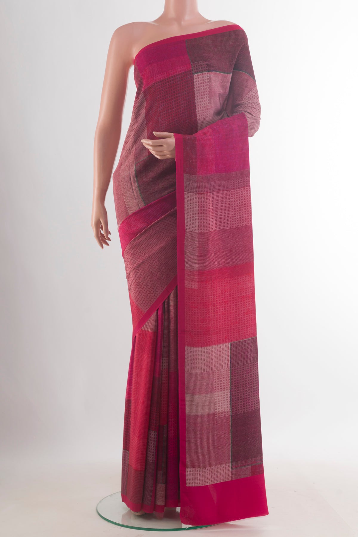 Pink Mysore Crepe Saree with Printed design on the body and Plain Border.  displayed on a mannequin