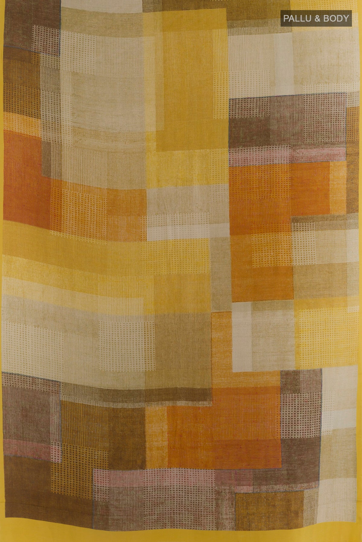 Flat view of Yellow Mysore Crepe Saree with Printed design on the body and Plain Border. 