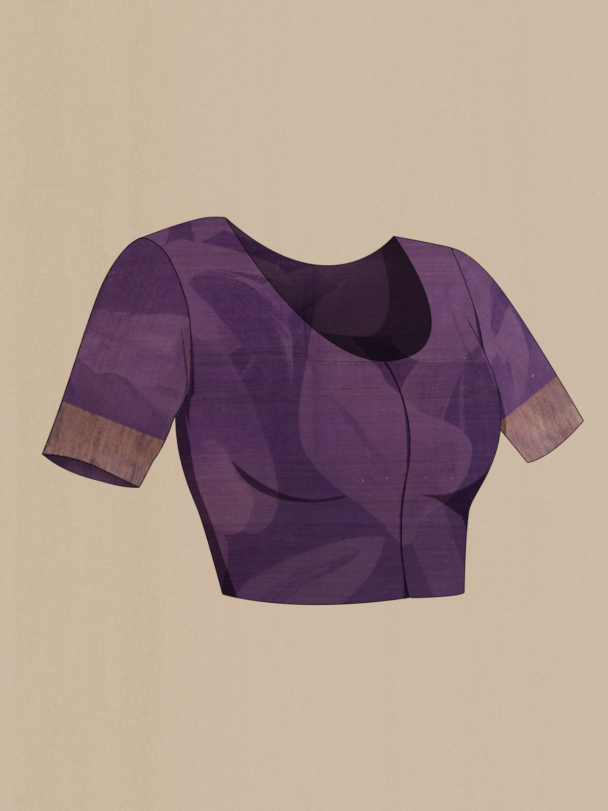 Close up image of the blouse of Purple Tussar Saree with Printed design on the body and Zari Border. 
