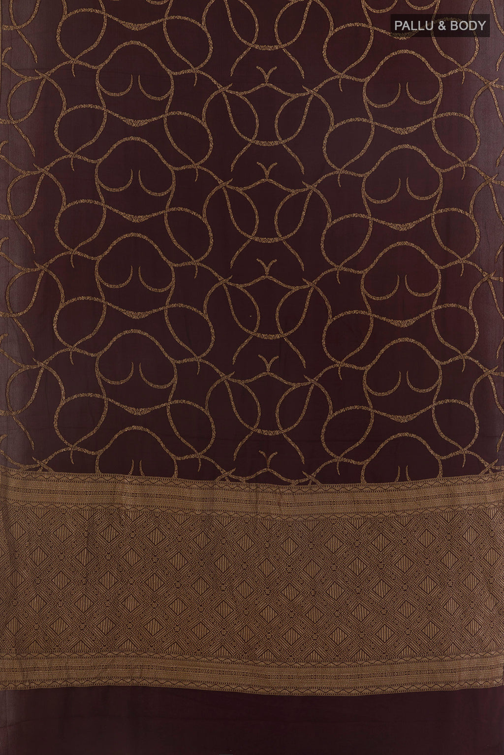 Flat view of Coffee Brown Banarasi Georgette Saree with Zari Brocade on the body and Zari Border. 