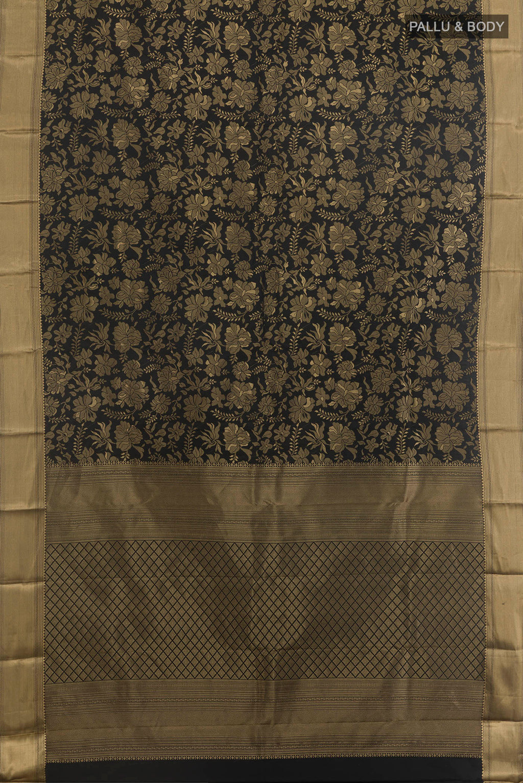 Flat view of Pure Silk Black Kanchipuram Saree with Zari Brocade on the body and Zari Border. 