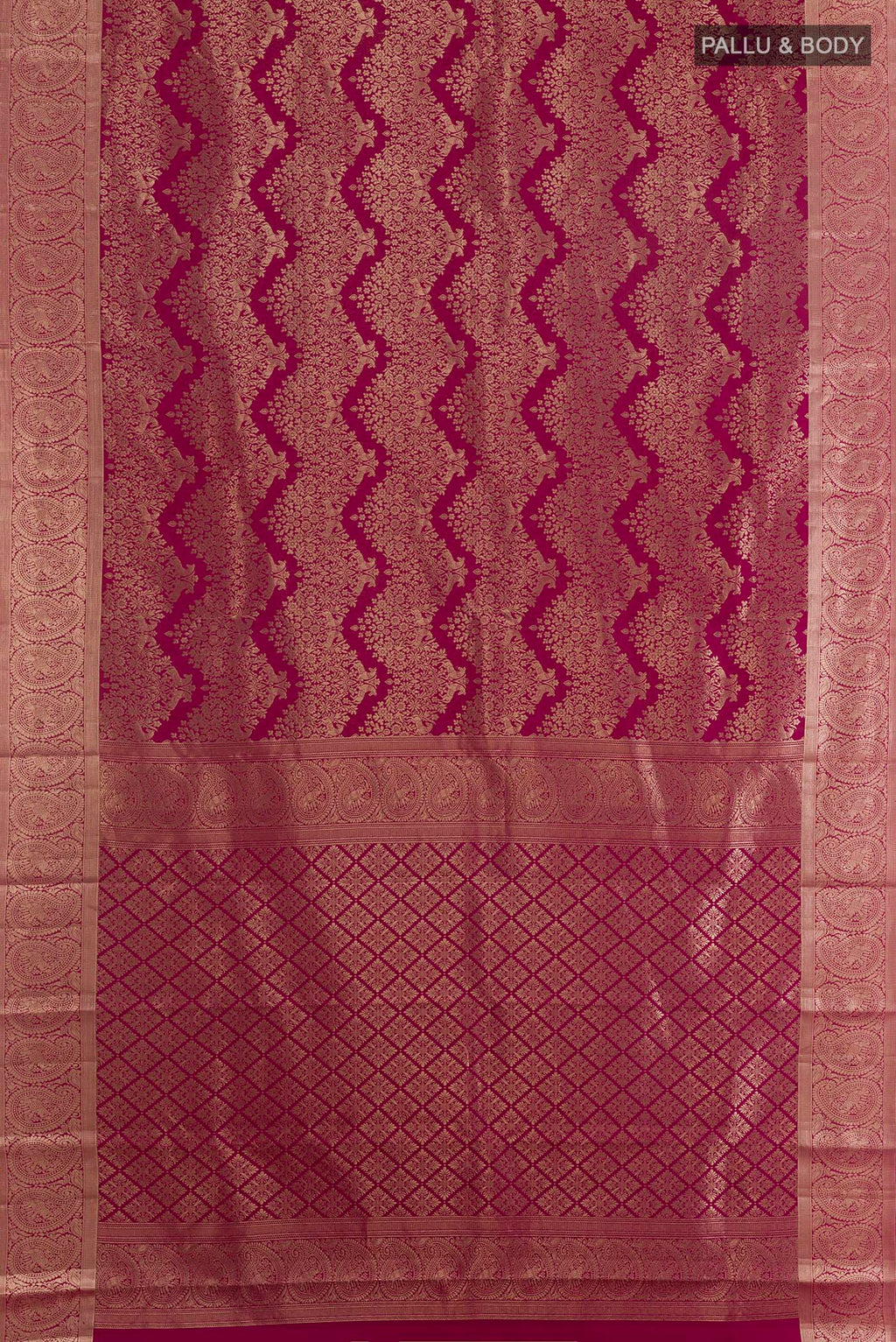 Flat view of Pure Silk Maroon Kanchipuram Saree with Zari Brocade on the body and Zari Border. 
