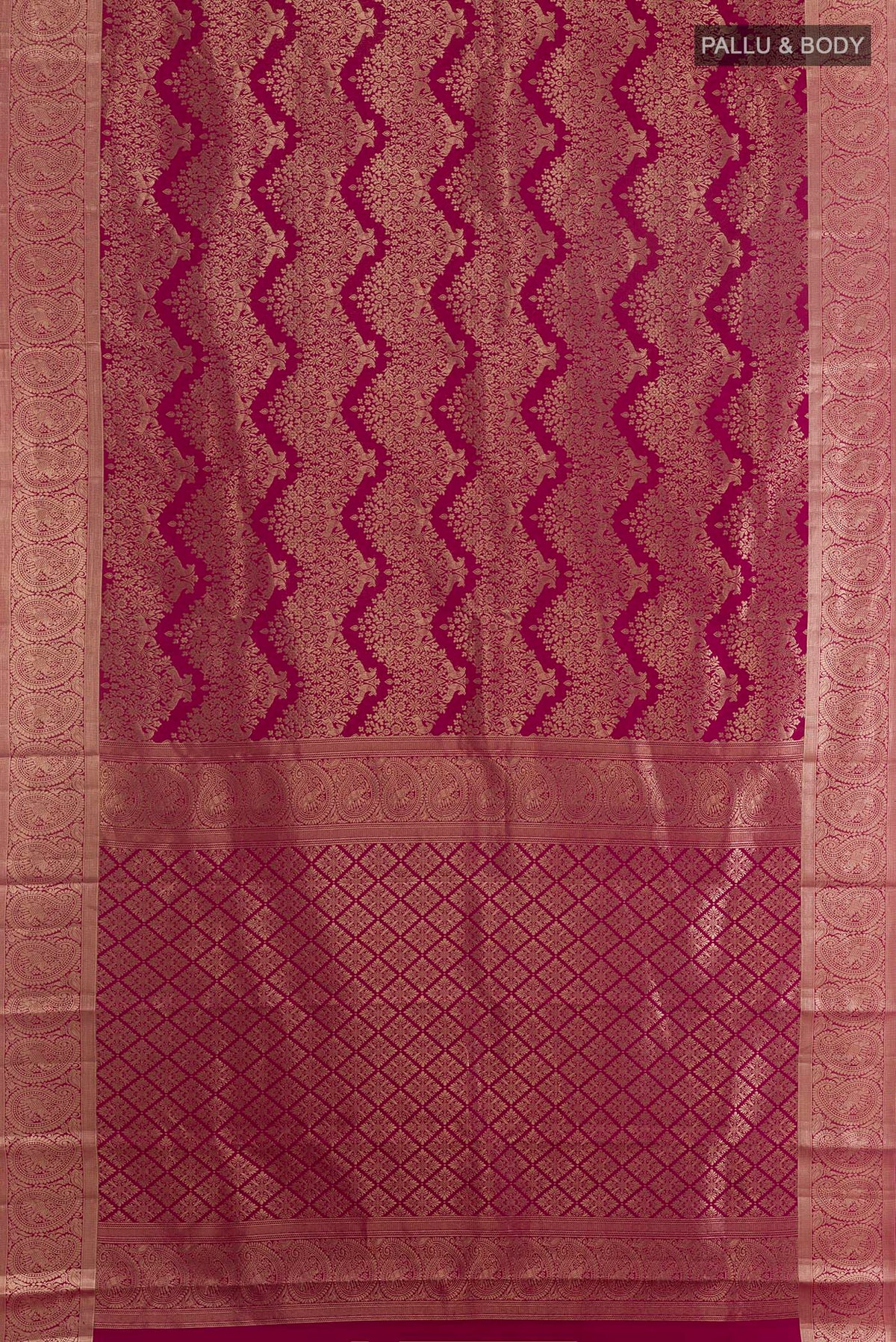 Flat view of Pure Silk Maroon Kanchipuram Saree with Zari Brocade on the body and Zari Border. 