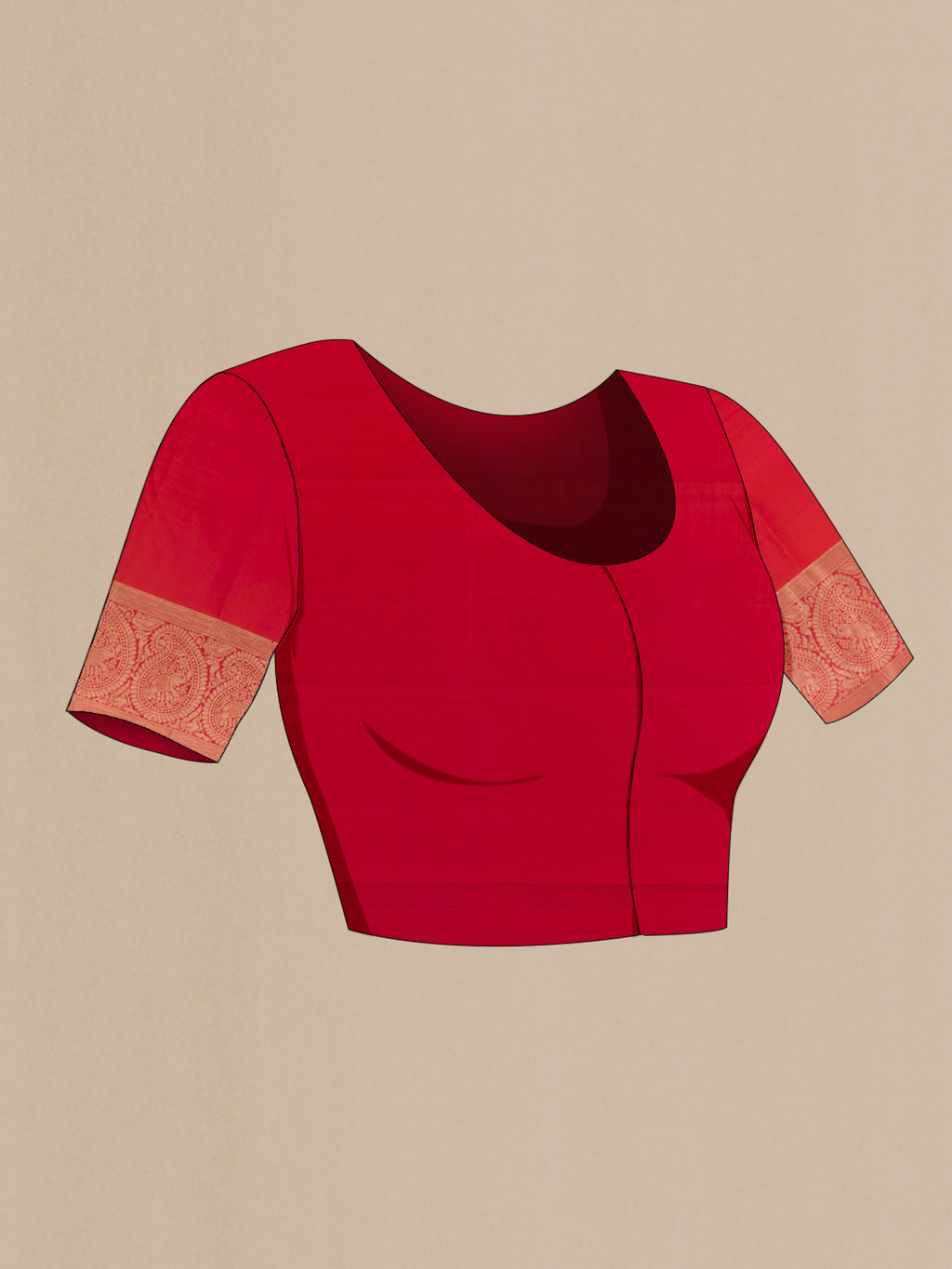 Close up image of the blouse of Pure Silk Orange Kanchipuram Saree with Zari Brocade on the body and Zari Border. 