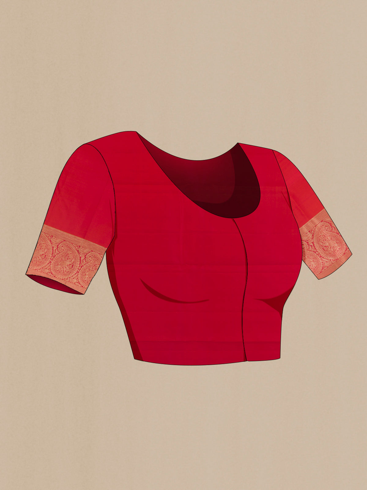 Close up image of the blouse of Pure Silk Orange Kanchipuram Saree with Zari Brocade on the body and Zari Border. 