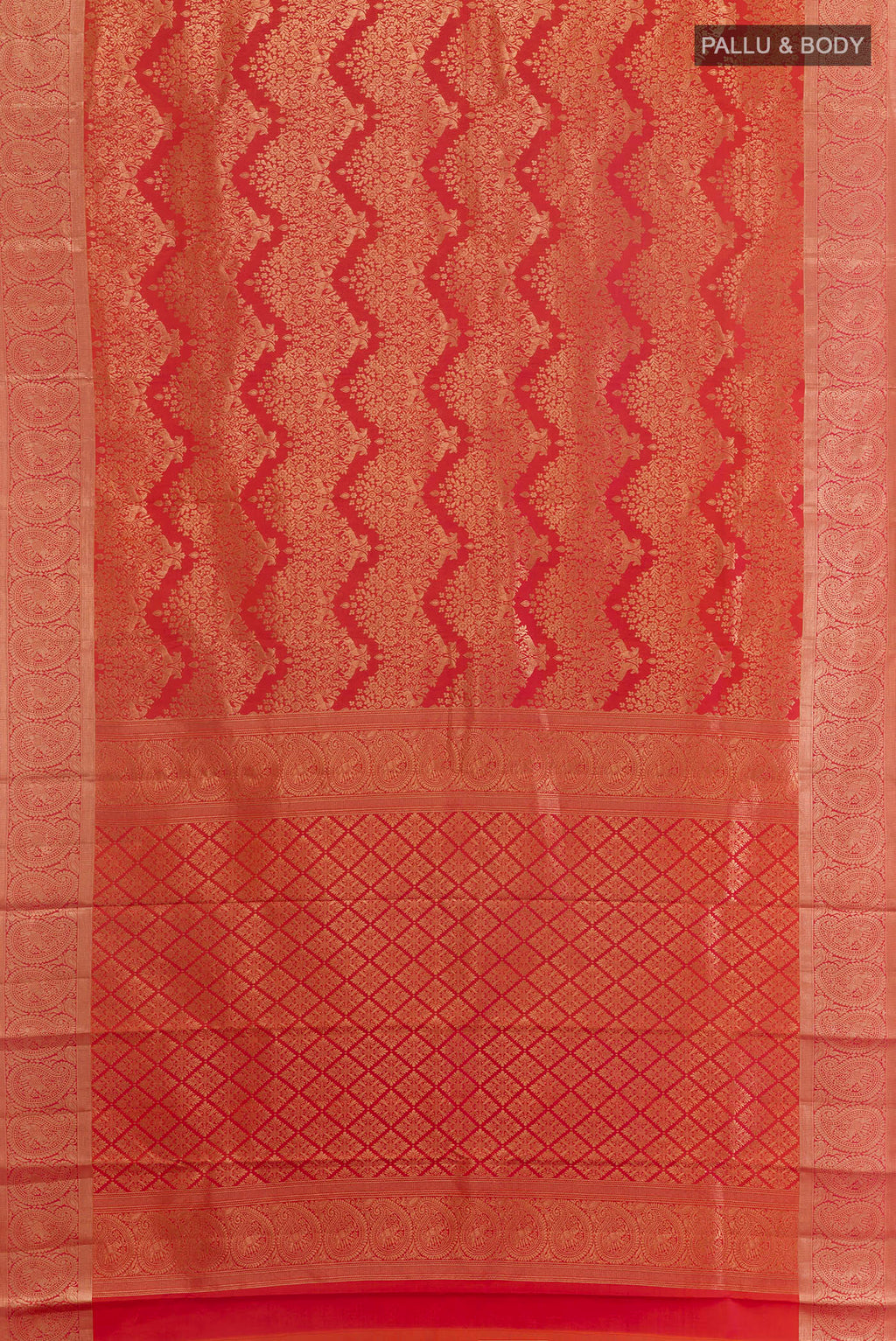 Flat view of Pure Silk Orange Kanchipuram Saree with Zari Brocade on the body and Zari Border. 