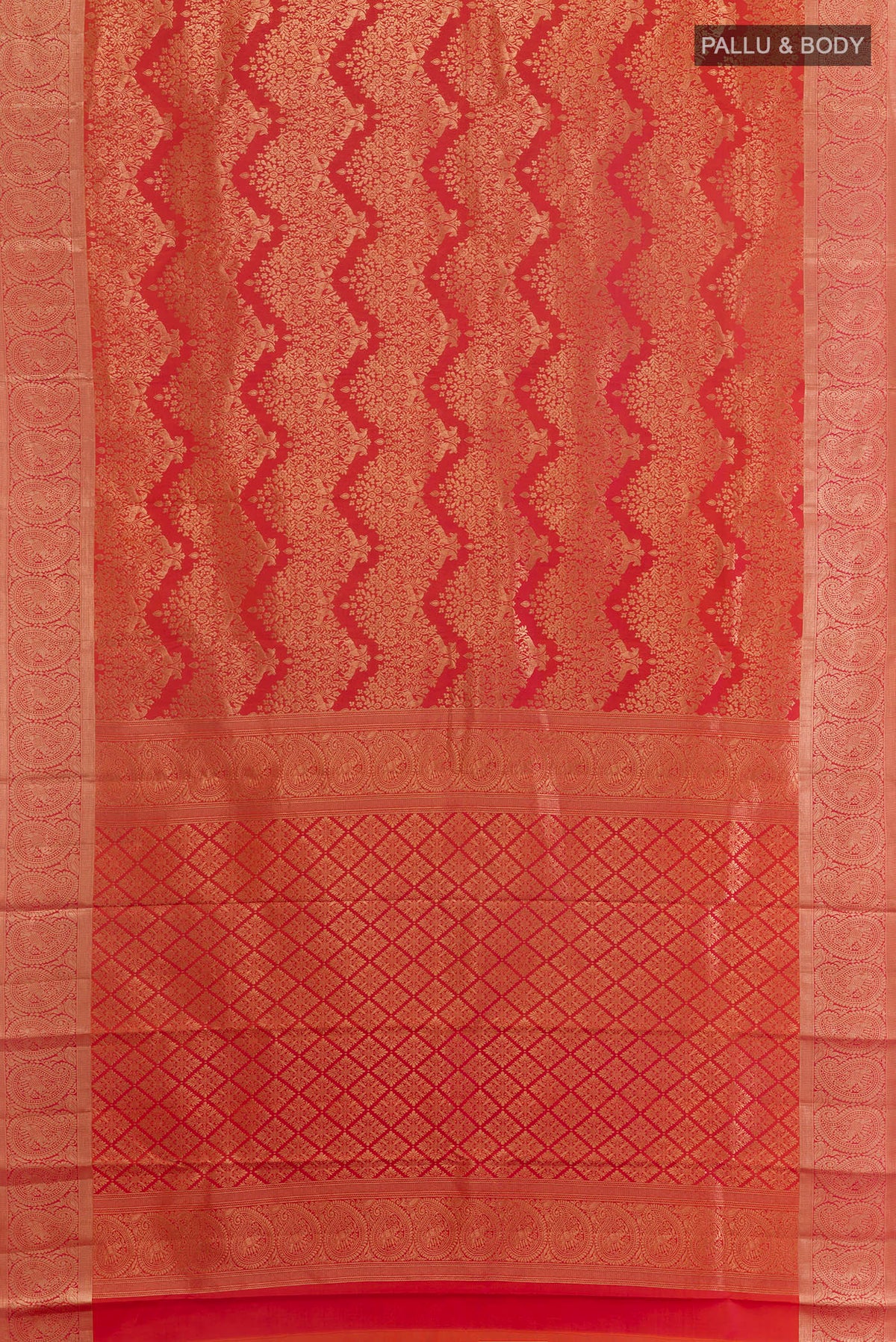 Flat view of Pure Silk Orange Kanchipuram Saree with Zari Brocade on the body and Zari Border. 