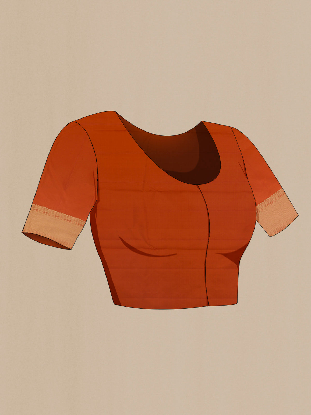 Close up image of the blouse of Pure Silk Rust Kanchipuram Saree with Zari Brocade on the body and Zari Border. 