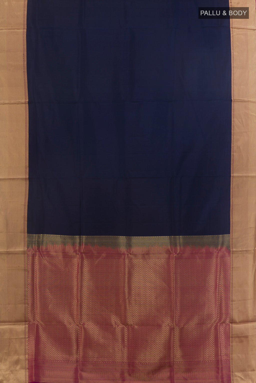 Flat view of Pure Silk Navy Blue Soft Saree with Plain Body and Zari Border. 