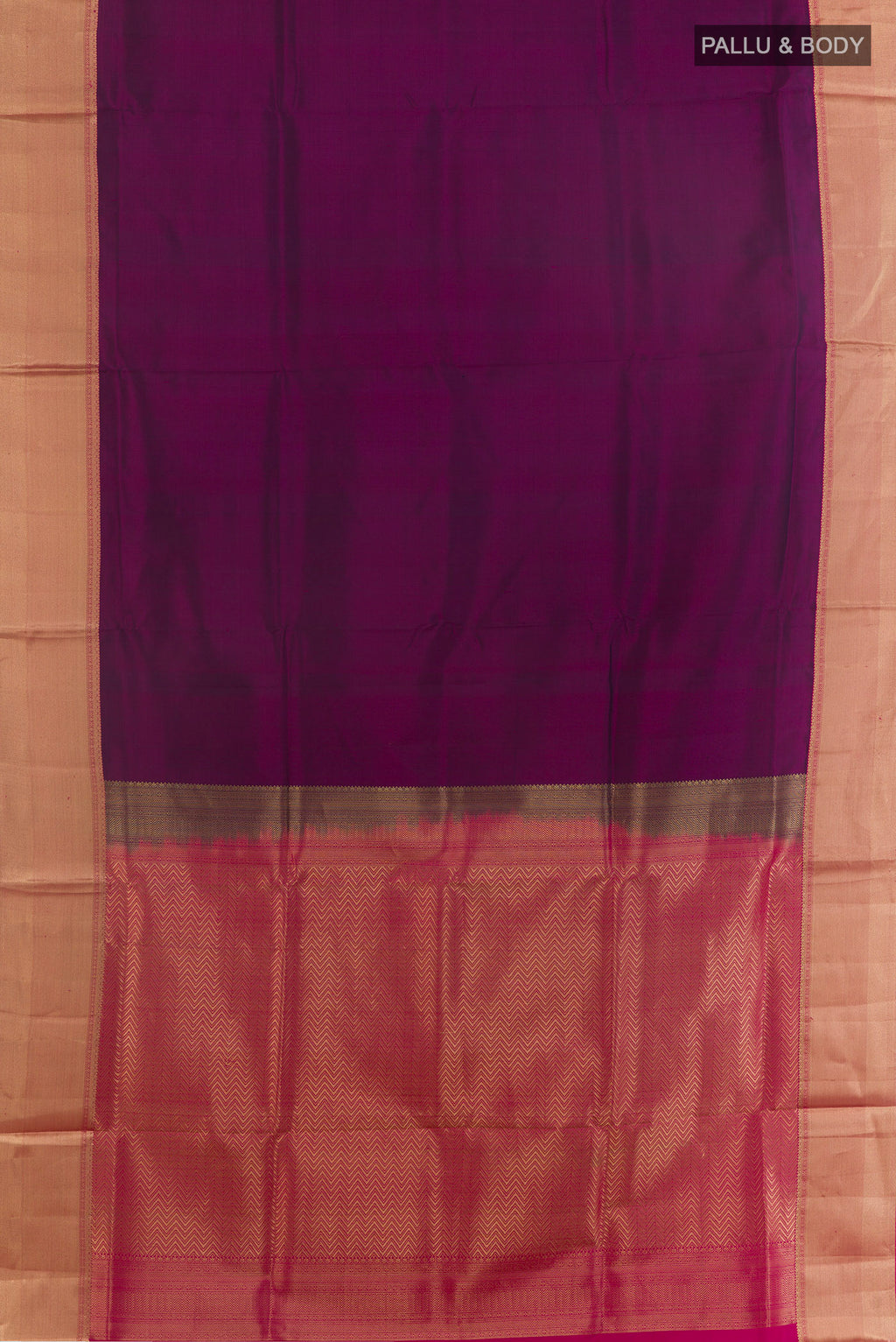 Flat view of Pure Silk Purple Soft Saree with Plain Body and Zari Border. 