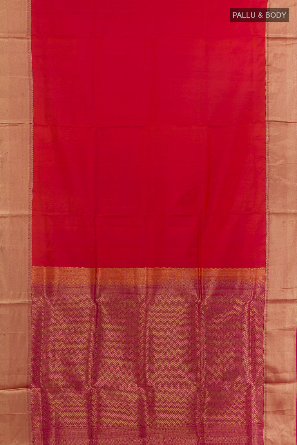 Flat view of Pure Silk Orange Soft Saree with Plain Body and Zari Border. 