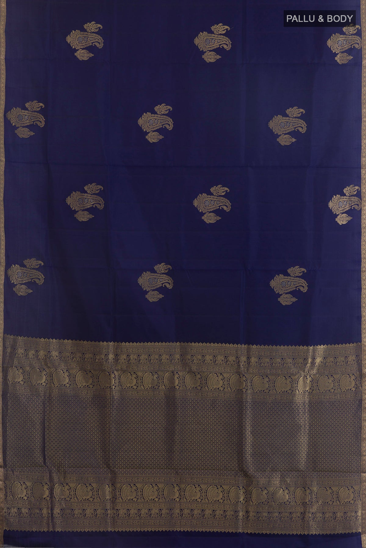 Flat view of Pure Silk Navy Blue Soft Saree with Zari Butta on the body and Zari Border. 